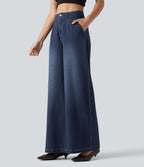 High Waisted Wide Leg Casual Jeans with Pockets — Estate Blue Denim — view 3