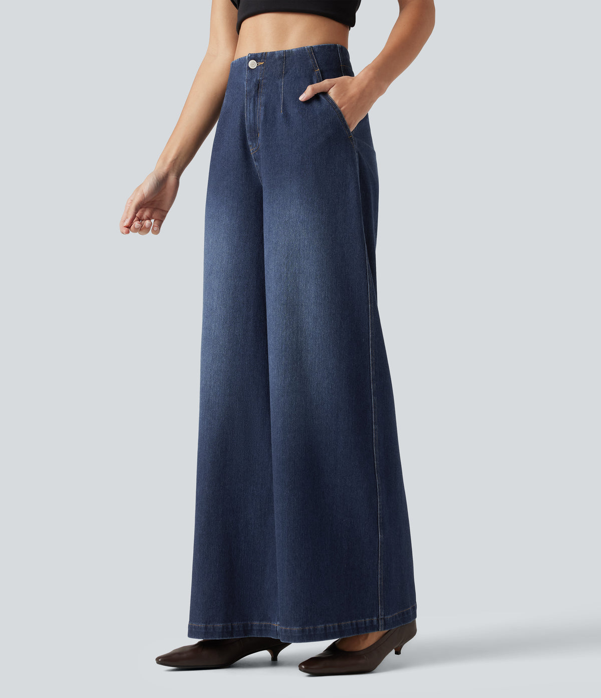 High Waisted Wide Leg Casual Jeans with Pockets — Estate Blue Denim — view 3