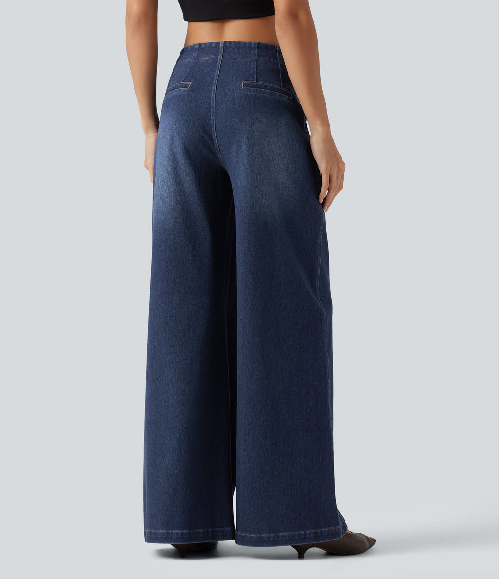High Waisted Wide Leg Casual Jeans with Pockets — Estate Blue Denim — view 2