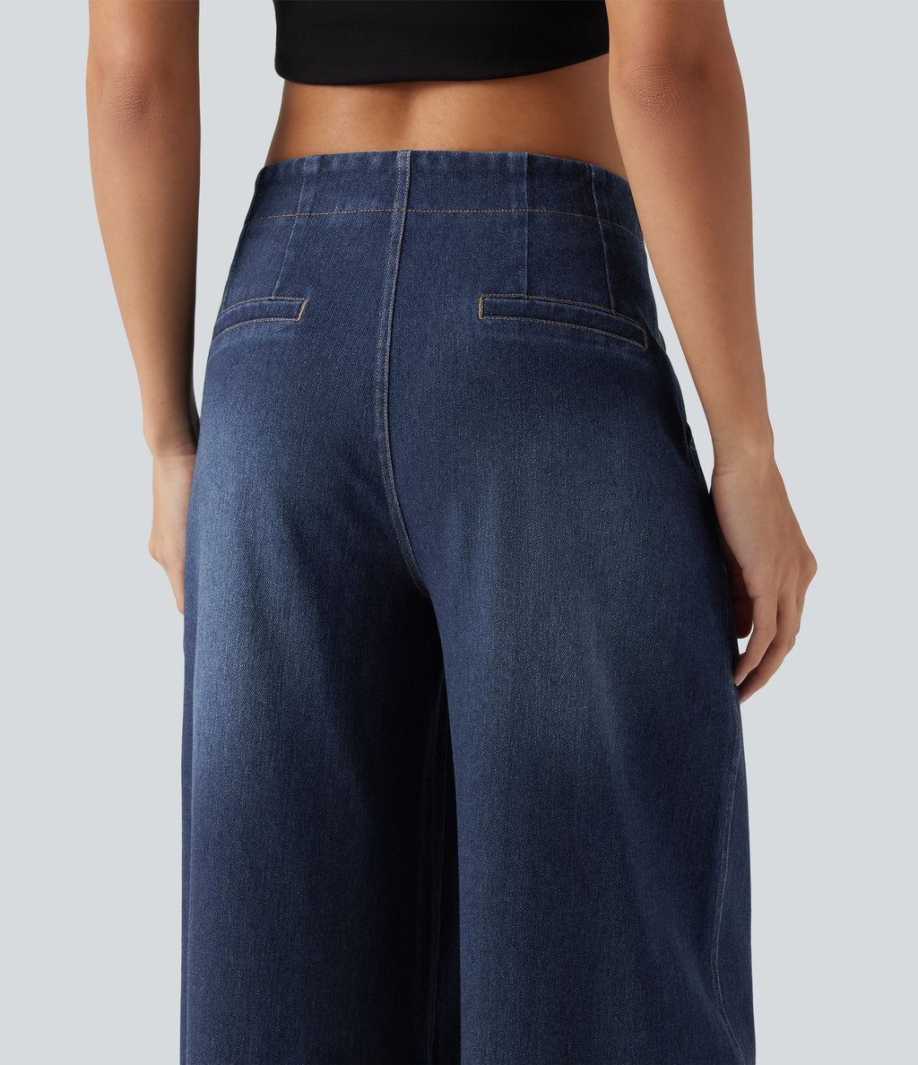 High Waisted Wide Leg Casual Jeans with Pockets — Estate Blue Denim — view 4