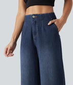 High Waisted Wide Leg Casual Jeans with Pockets — Estate Blue Denim — view 5