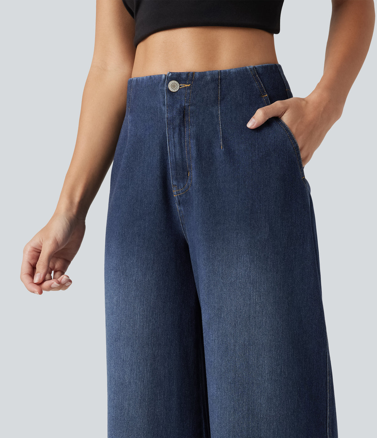 High Waisted Wide Leg Casual Jeans with Pockets — Estate Blue Denim — view 5