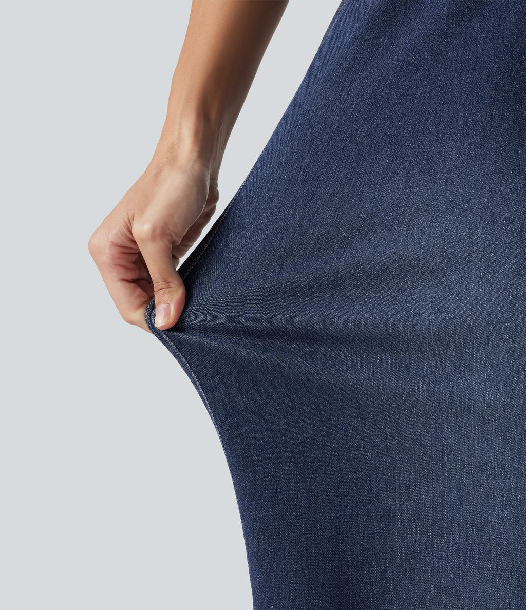 High Waisted Wide Leg Casual Jeans with Pockets — Estate Blue Denim — view 6