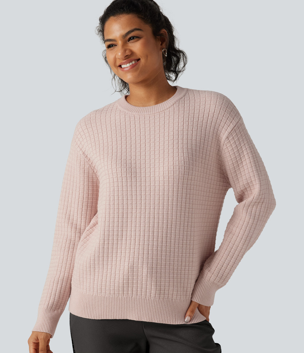 Round Neck Long Sleeve Waffle Casual Jumper — Morganite — view 5