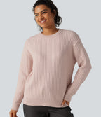 Round Neck Long Sleeve Waffle Casual Jumper — Morganite — view 5