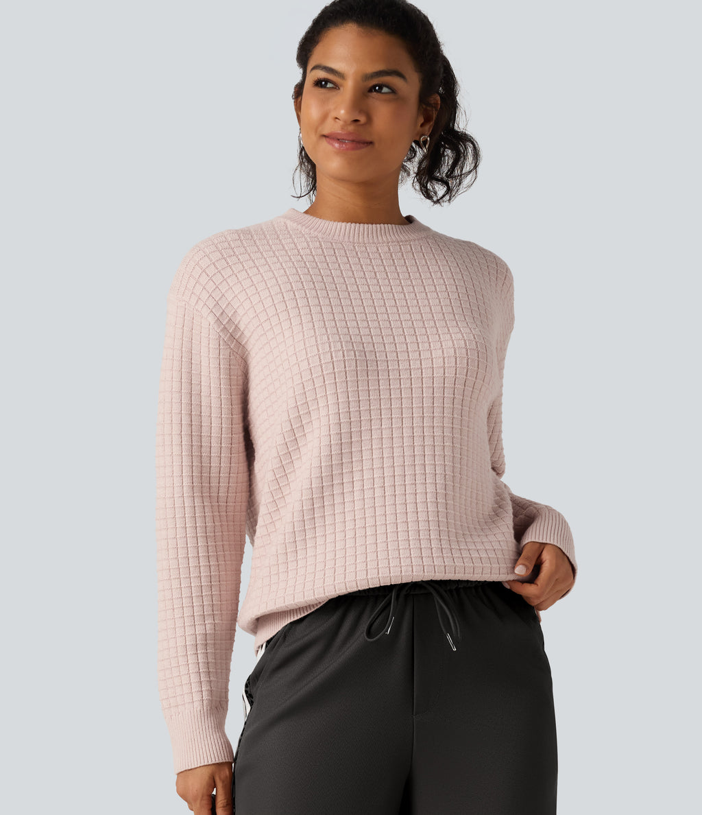 Round Neck Long Sleeve Waffle Casual Jumper — Morganite — view 1