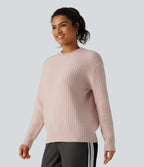 Round Neck Long Sleeve Waffle Casual Jumper — Morganite — view 4