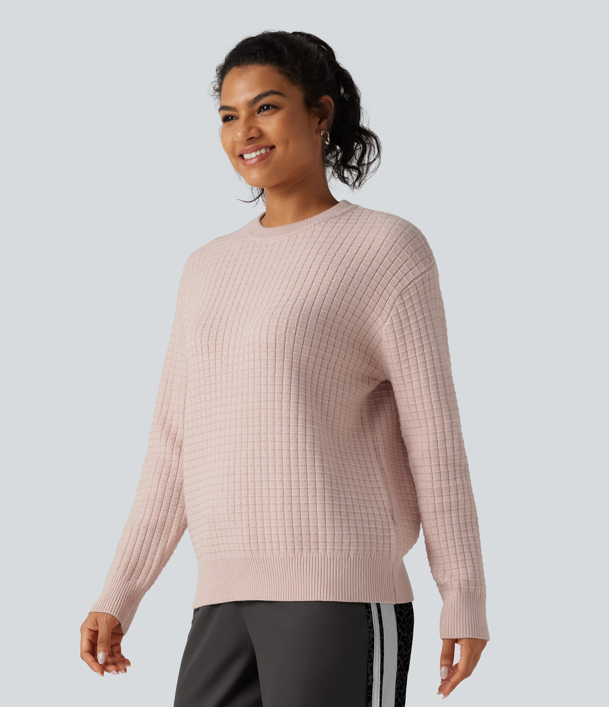 Round Neck Long Sleeve Waffle Casual Jumper — Morganite — view 4
