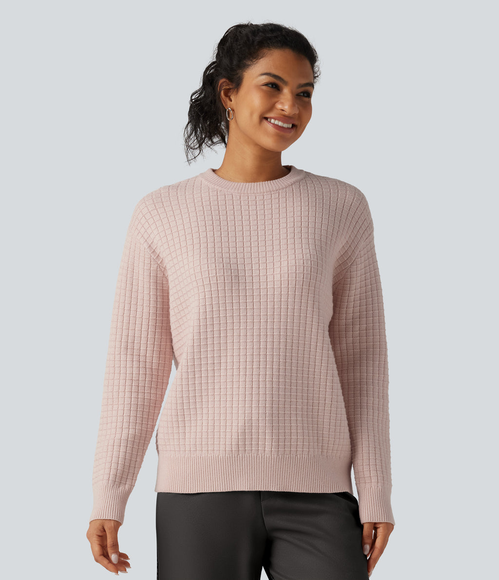 Round Neck Long Sleeve Waffle Casual Jumper — Morganite — view 3