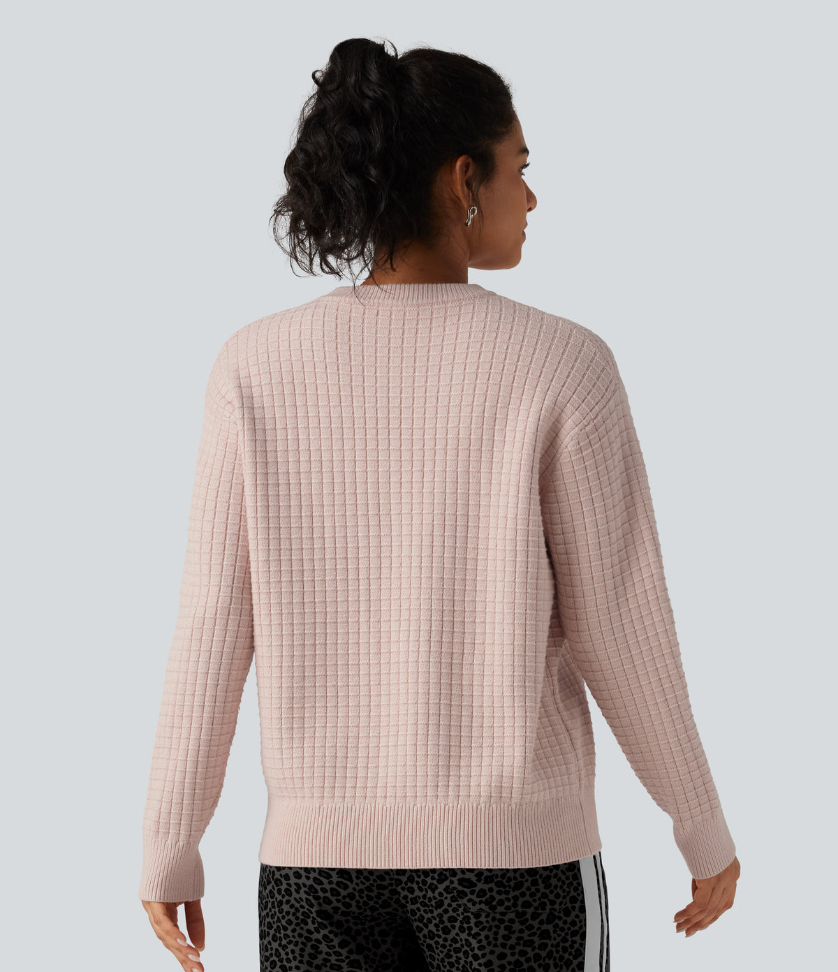 Round Neck Long Sleeve Waffle Casual Jumper — Morganite — view 2
