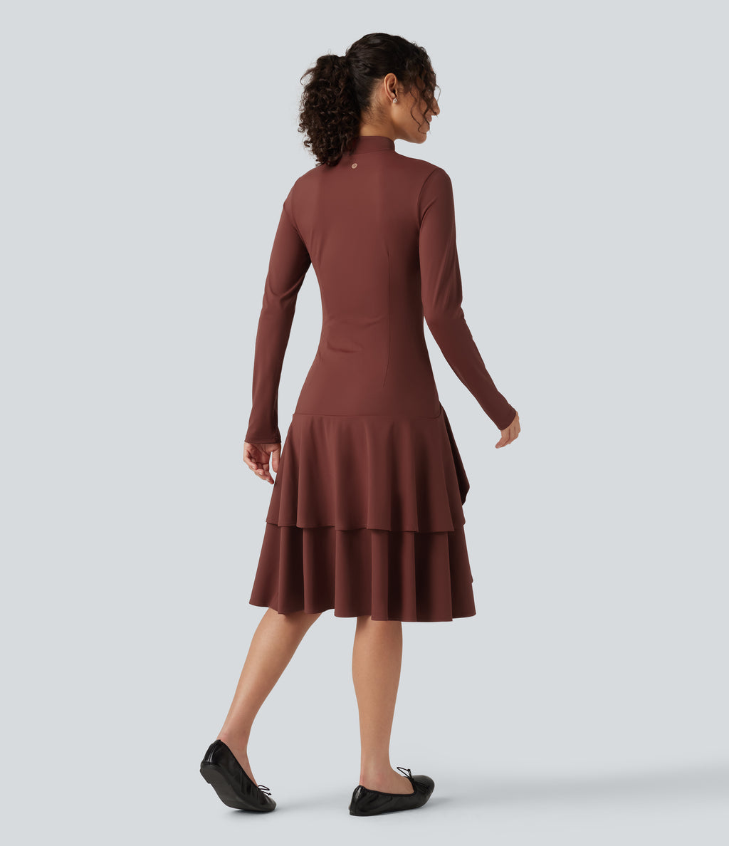 Airy Mock Neck Long Sleeve Layered Ruffle Hem InstantCool Midi Casual Dress — Madder Brown — view 2