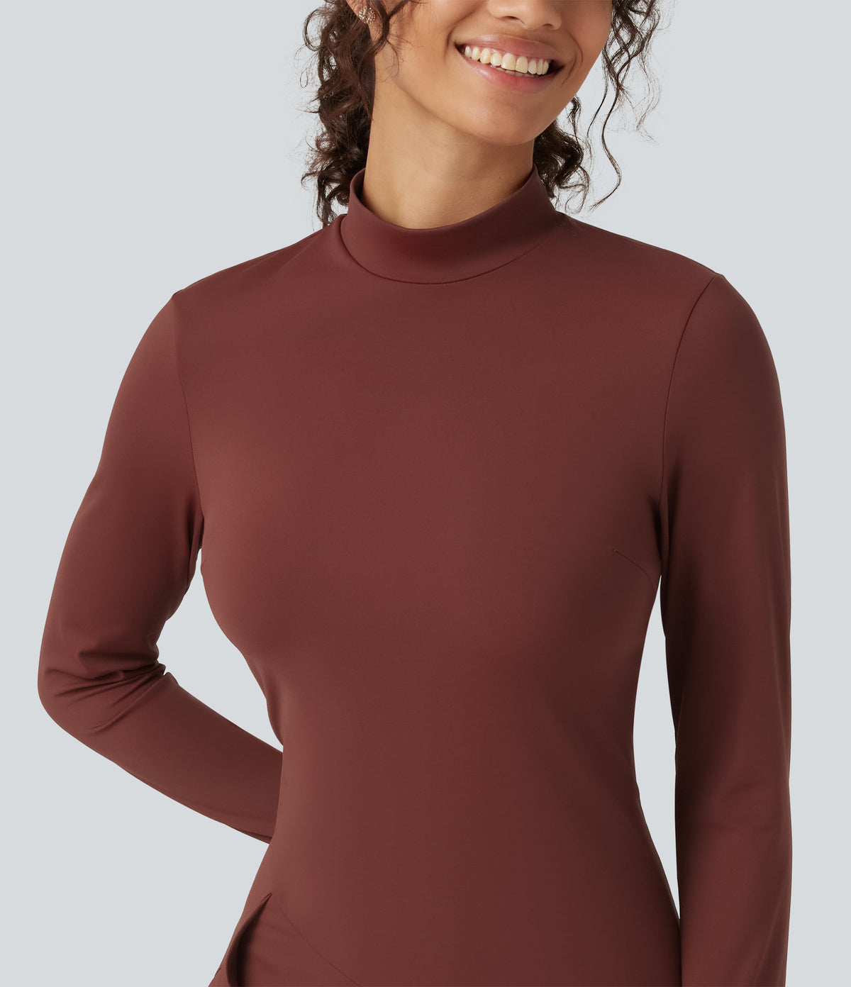 Airy Mock Neck Long Sleeve Layered Ruffle Hem InstantCool Midi Casual Dress — Madder Brown — view 4