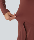 Airy Mock Neck Long Sleeve Layered Ruffle Hem InstantCool Midi Casual Dress — Madder Brown — view 8