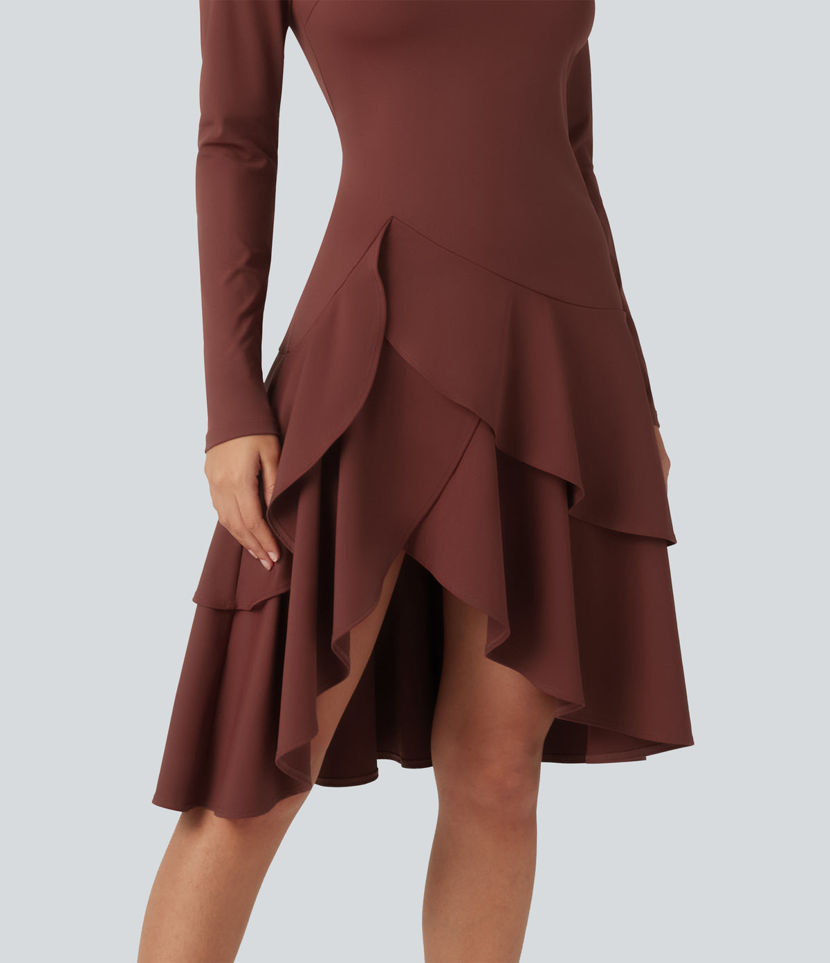 Airy Mock Neck Long Sleeve Layered Ruffle Hem InstantCool Midi Casual Dress — Madder Brown — view 6