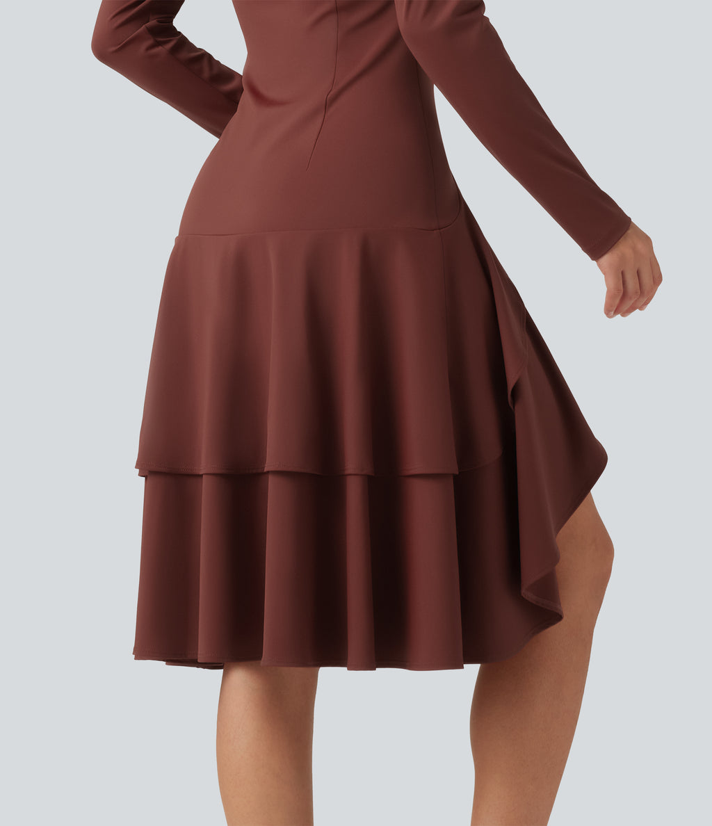 Airy Mock Neck Long Sleeve Layered Ruffle Hem InstantCool Midi Casual Dress — Madder Brown — view 7