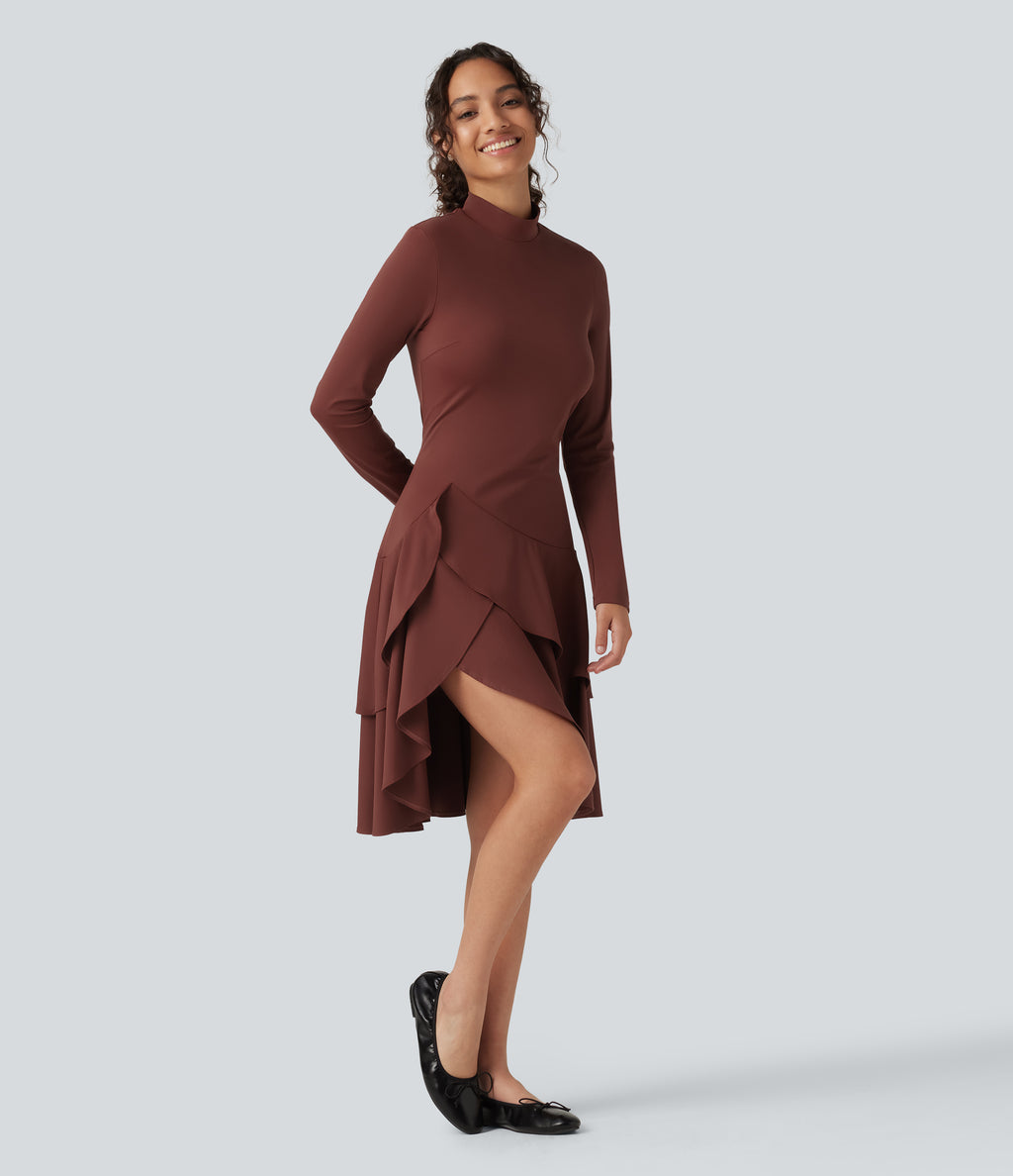 Airy Mock Neck Long Sleeve Layered Ruffle Hem InstantCool Midi Casual Dress — Madder Brown — view 3