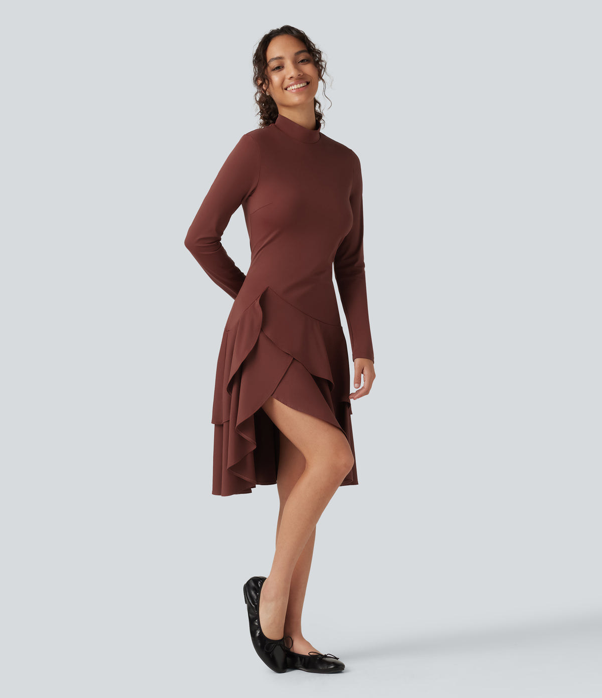Airy Mock Neck Long Sleeve Layered Ruffle Hem InstantCool Midi Casual Dress — Madder Brown — view 3