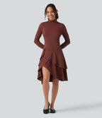 Airy Mock Neck Long Sleeve Layered Ruffle Hem InstantCool Midi Casual Dress — Madder Brown — view 1
