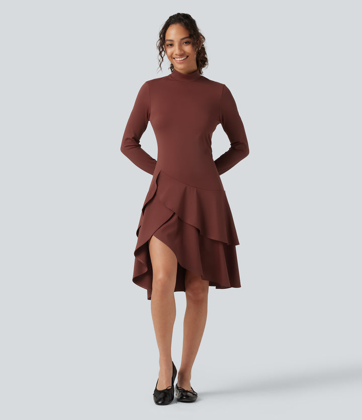 Airy Mock Neck Long Sleeve Layered Ruffle Hem InstantCool Midi Casual Dress — Madder Brown — view 1
