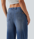 High Waisted Wide Leg Washed Casual Jeans with Pockets — Tide Blue Denim — view 4
