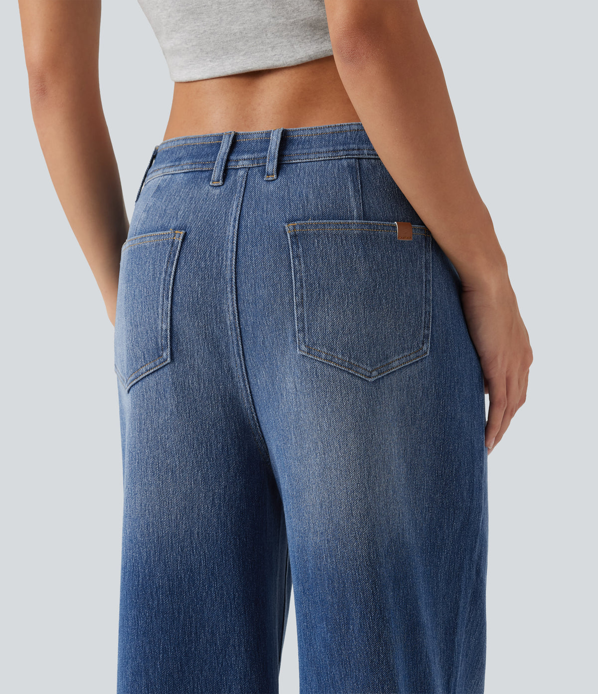 High Waisted Wide Leg Washed Casual Jeans with Pockets — Tide Blue Denim — view 4