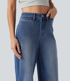 High Waisted Wide Leg Washed Casual Jeans with Pockets — Tide Blue Denim — view 5