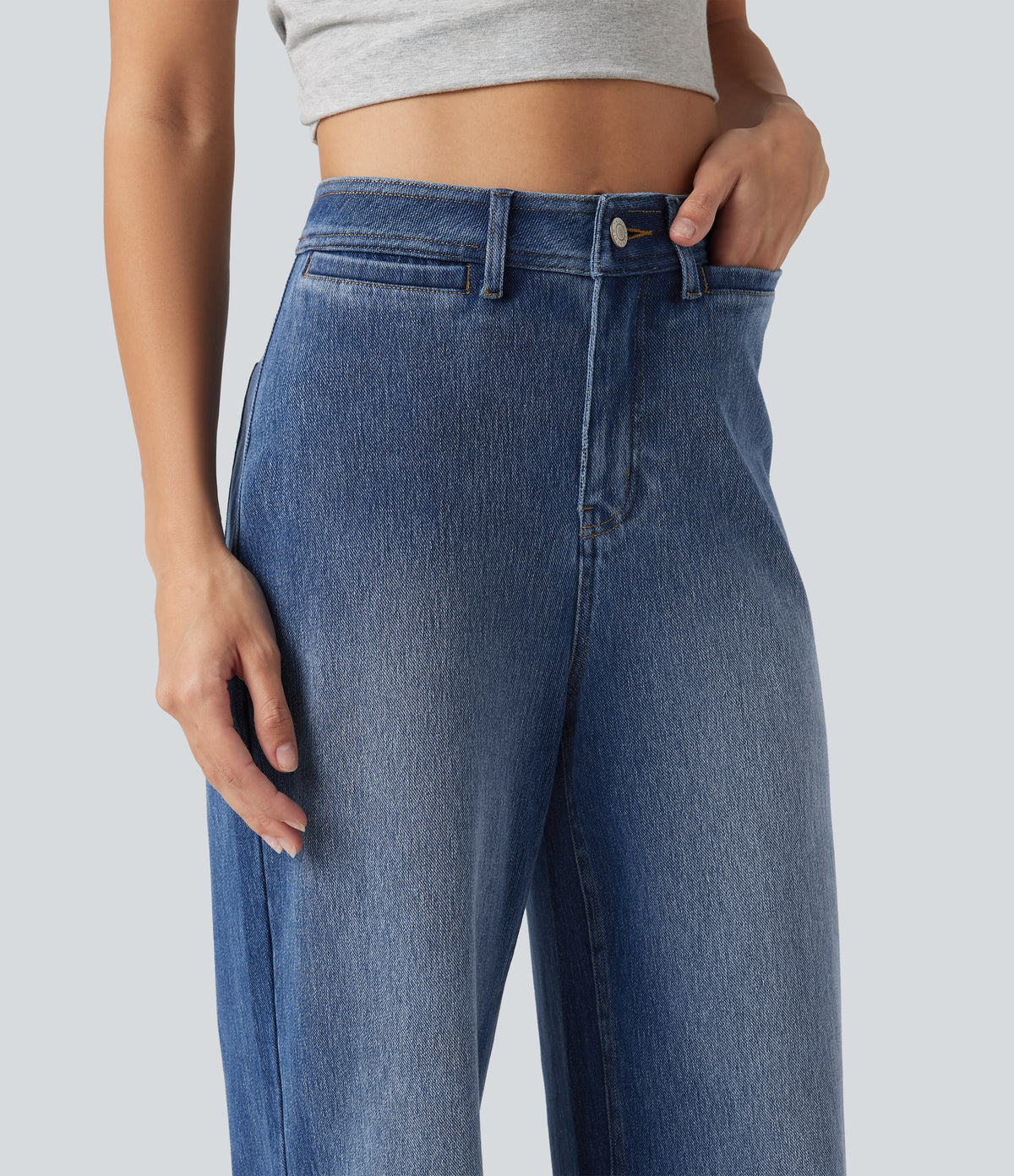 High Waisted Wide Leg Washed Casual Jeans with Pockets — Tide Blue Denim — view 5
