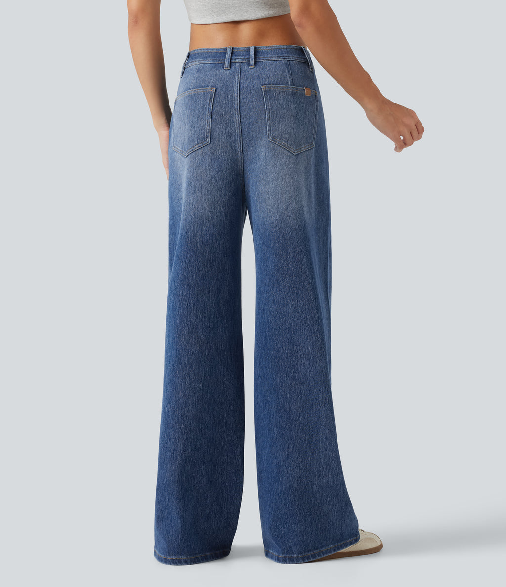 High Waisted Wide Leg Washed Casual Jeans with Pockets — Tide Blue Denim — view 2