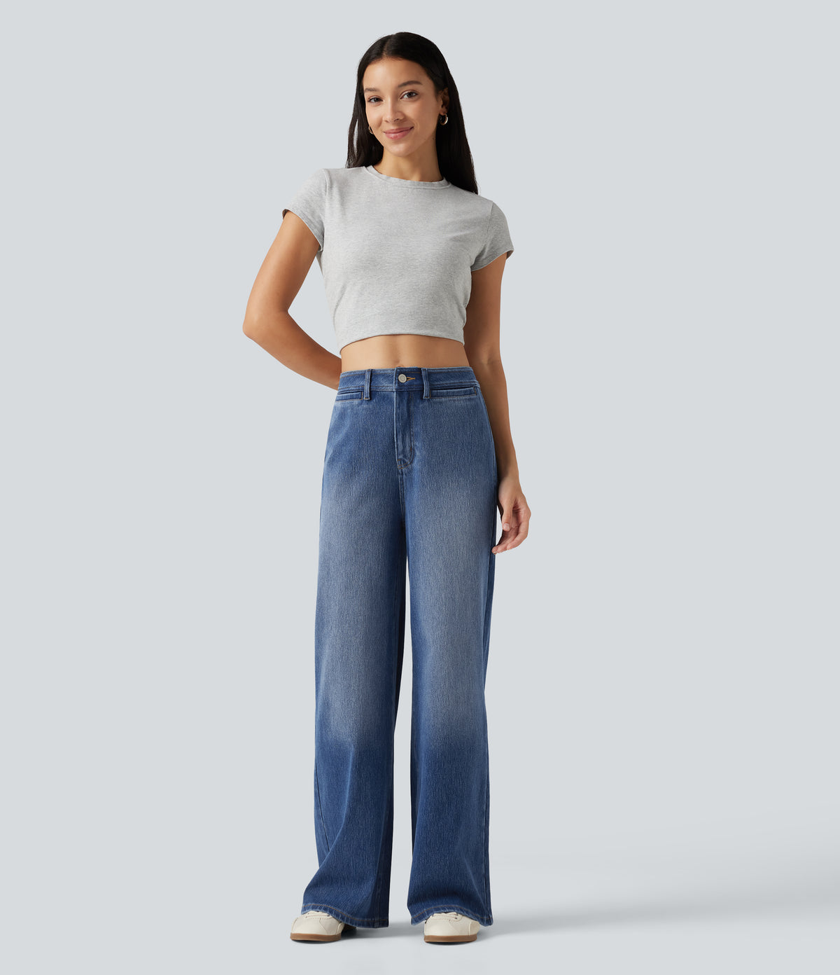 High Waisted Wide Leg Washed Casual Jeans with Pockets — Tide Blue Denim — view 7