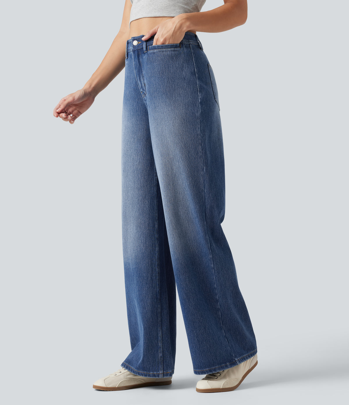 High Waisted Wide Leg Washed Casual Jeans with Pockets — Tide Blue Denim — view 3