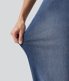 High Waisted Wide Leg Washed Casual Jeans with Pockets — Tide Blue Denim — view 6