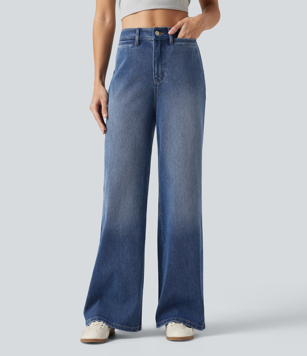 High Waisted Wide Leg Washed Casual Jeans with Pockets — Tide Blue Denim — view 1