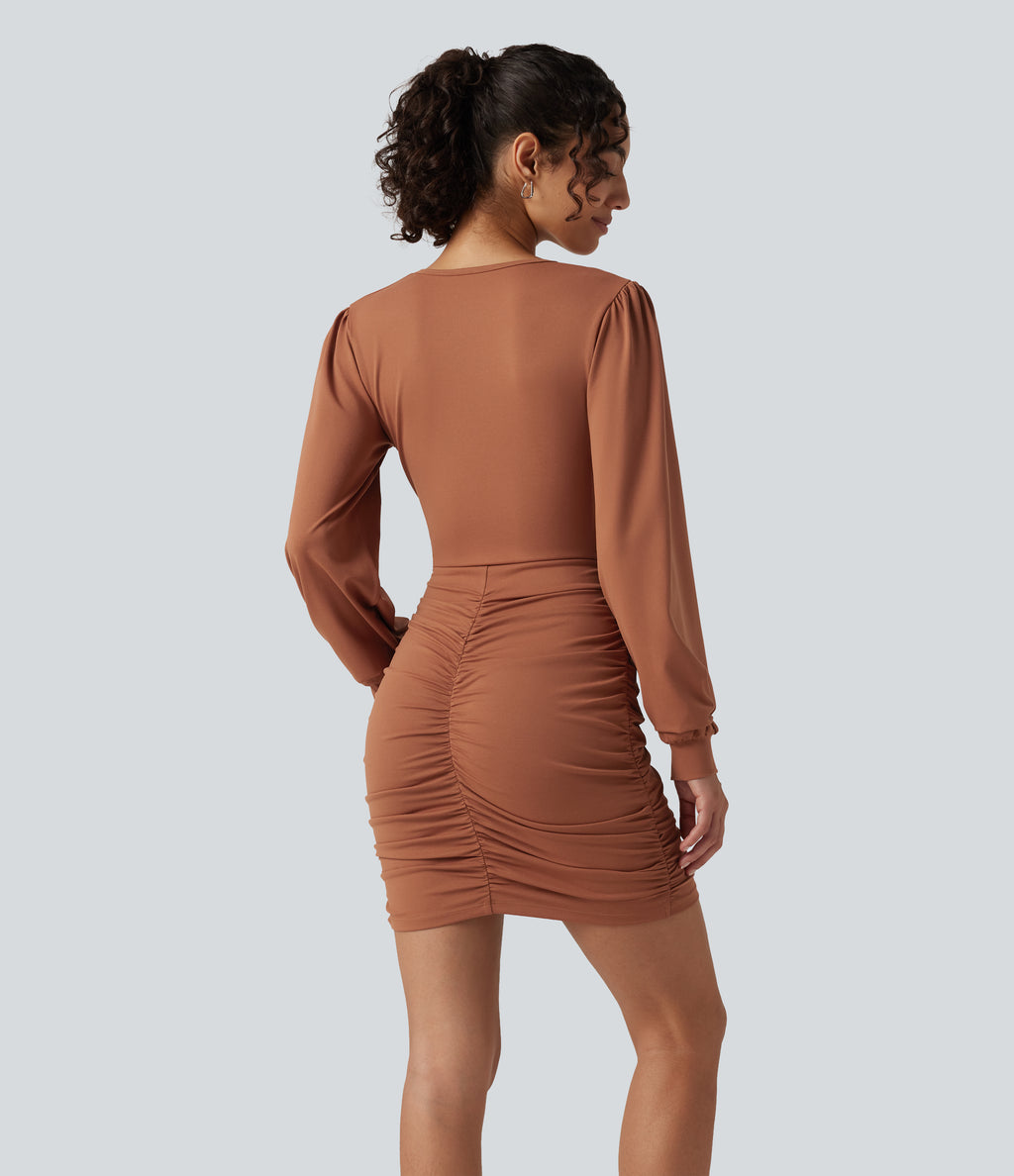 V Neck Long Sleeve Ruched Bodycon Mini Casual Dress — Rust Red — view 2