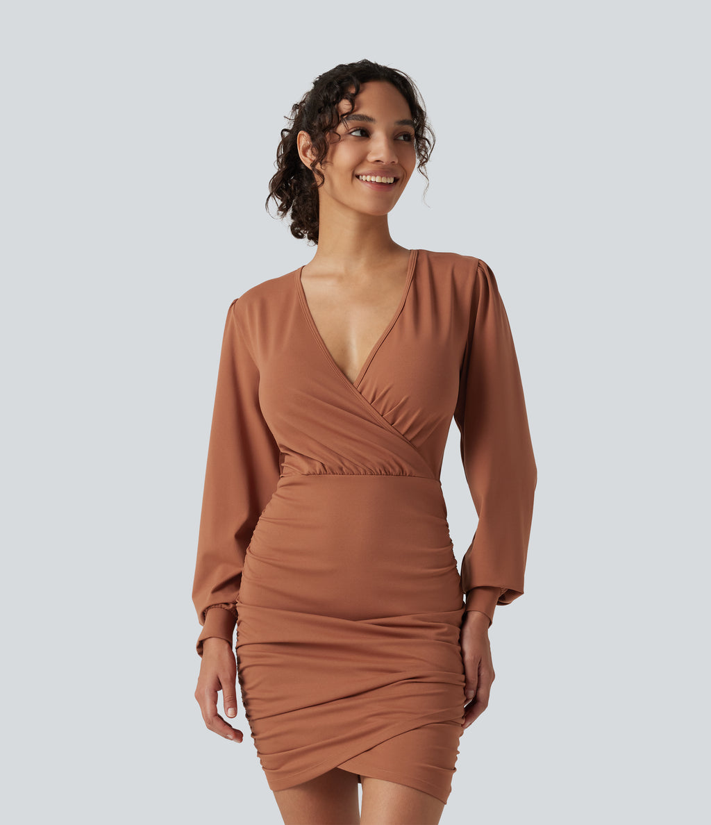 V Neck Long Sleeve Ruched Bodycon Mini Casual Dress — Rust Red — view 6