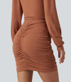 V Neck Long Sleeve Ruched Bodycon Mini Casual Dress — Rust Red — view 4