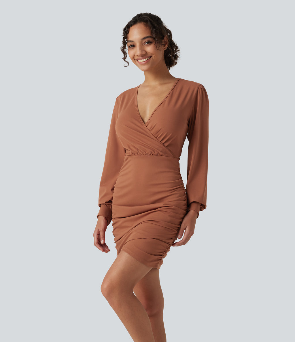 V Neck Long Sleeve Ruched Bodycon Mini Casual Dress — Rust Red — view 1
