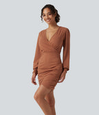 V Neck Long Sleeve Ruched Bodycon Mini Casual Dress — Rust Red — view 1