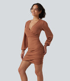 V Neck Long Sleeve Ruched Bodycon Mini Casual Dress — Rust Red — view 3