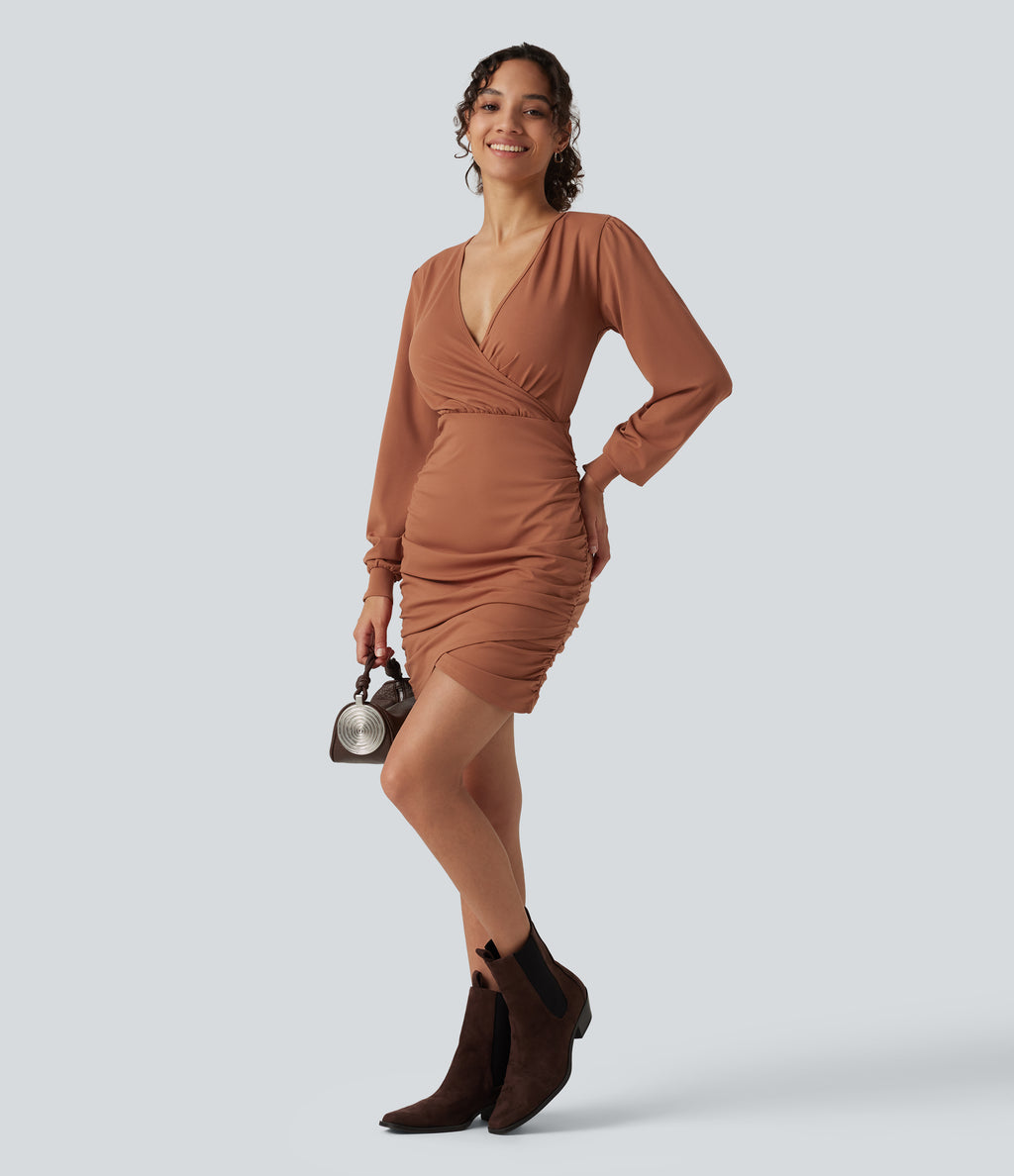 V Neck Long Sleeve Ruched Bodycon Mini Casual Dress — Rust Red — view 7