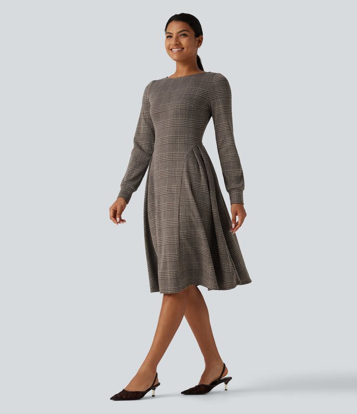 Boat Neck Long Sleeve Houndstooth Plaid Flare Midi Work Dress — Brown Houndstooth Plaid — view 1