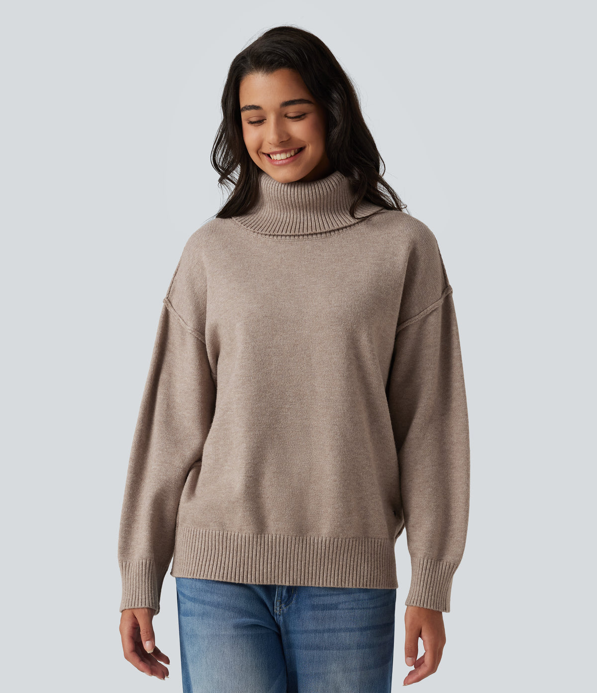 High Neck Long Sleeve Casual Jumper — Doeskin — view 1