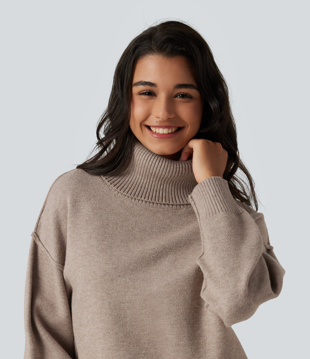High Neck Long Sleeve Casual Jumper — Doeskin — view 4