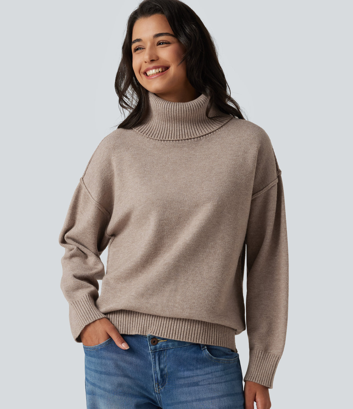 High Neck Long Sleeve Casual Jumper — Doeskin — view 5