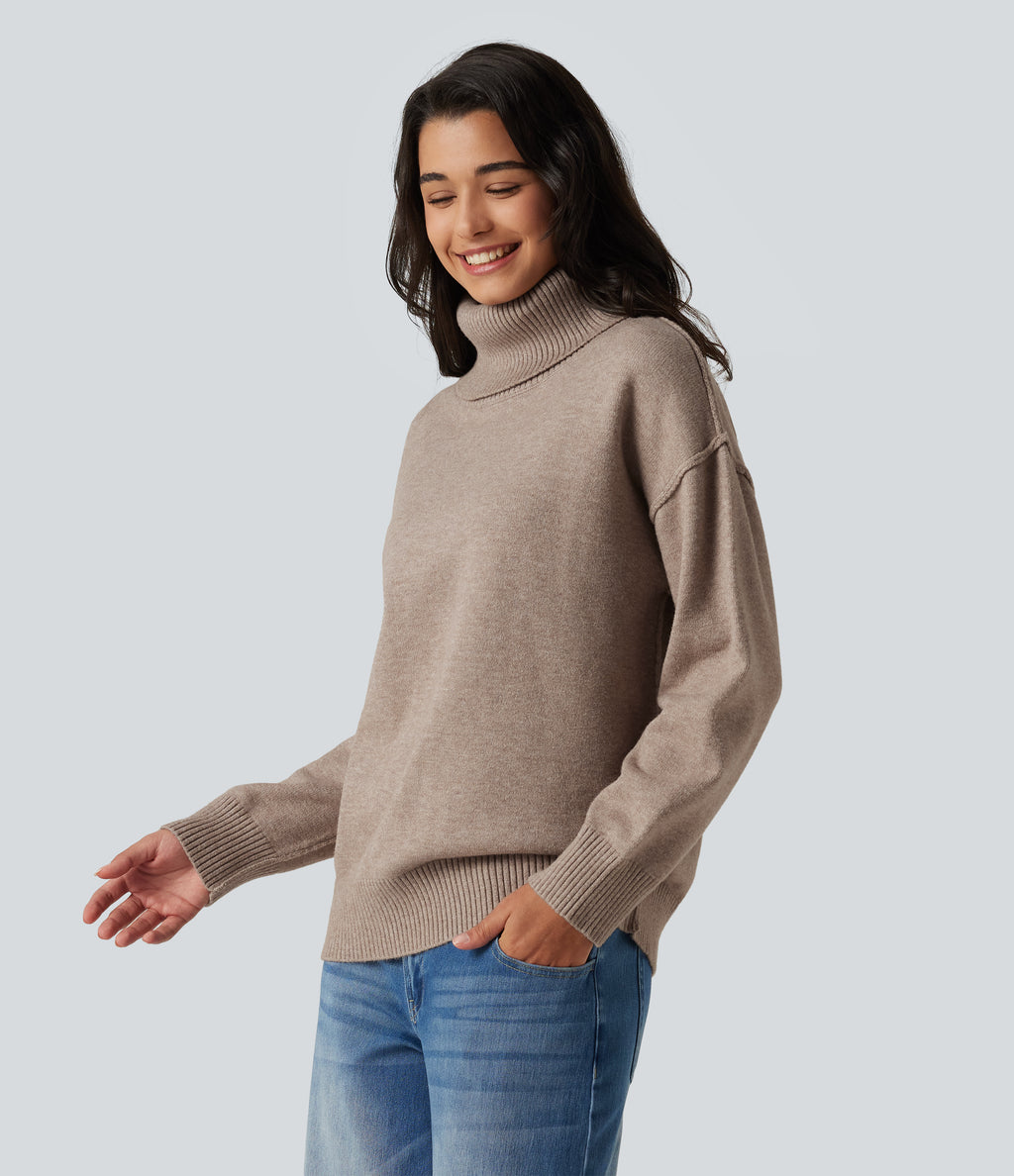 High Neck Long Sleeve Casual Jumper — Doeskin — view 3