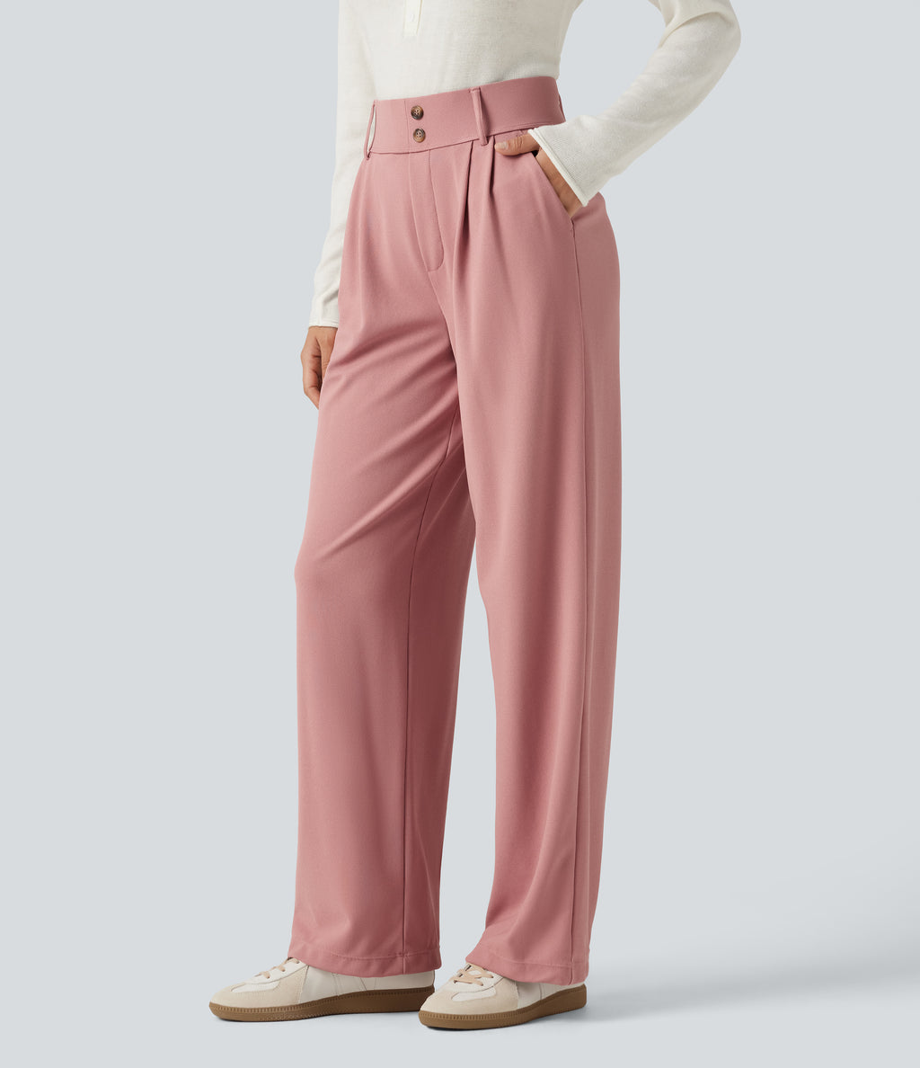 High Waisted Straight Leg Waffle Work Trousers with Pockets — Rose Tan — view 1