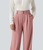 High Waisted Straight Leg Waffle Work Trousers with Pockets — Rose Tan — view 5