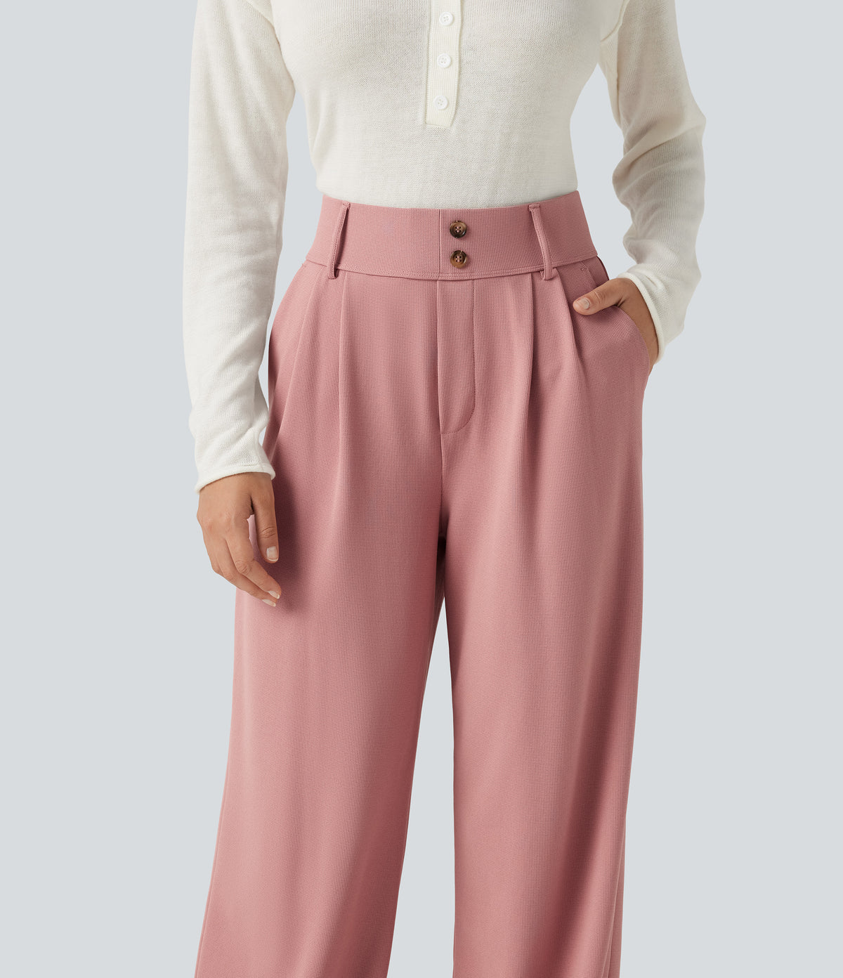 High Waisted Straight Leg Waffle Work Trousers with Pockets — Rose Tan — view 5