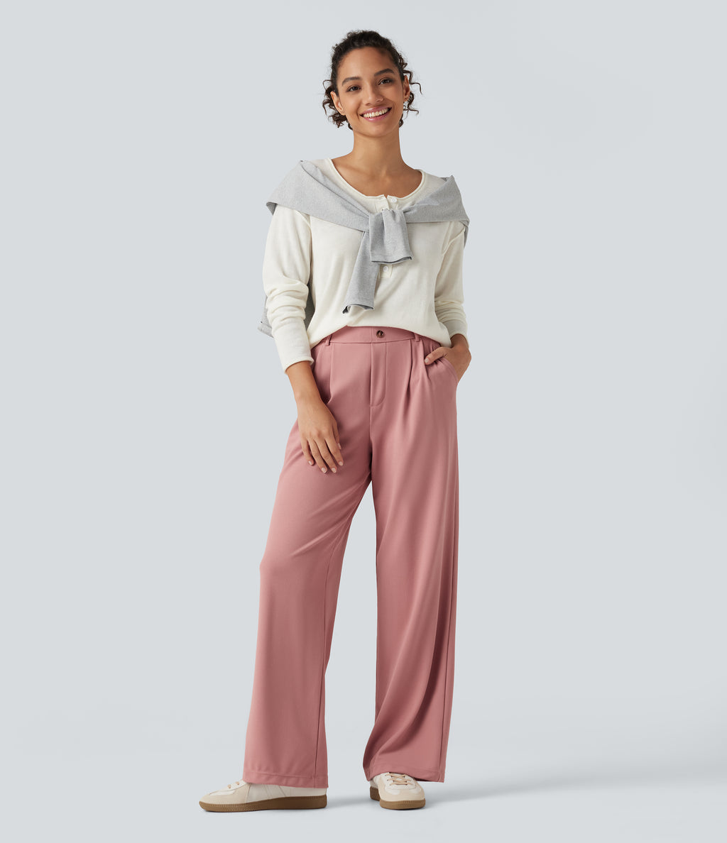High Waisted Straight Leg Waffle Work Trousers with Pockets — Rose Tan — view 7