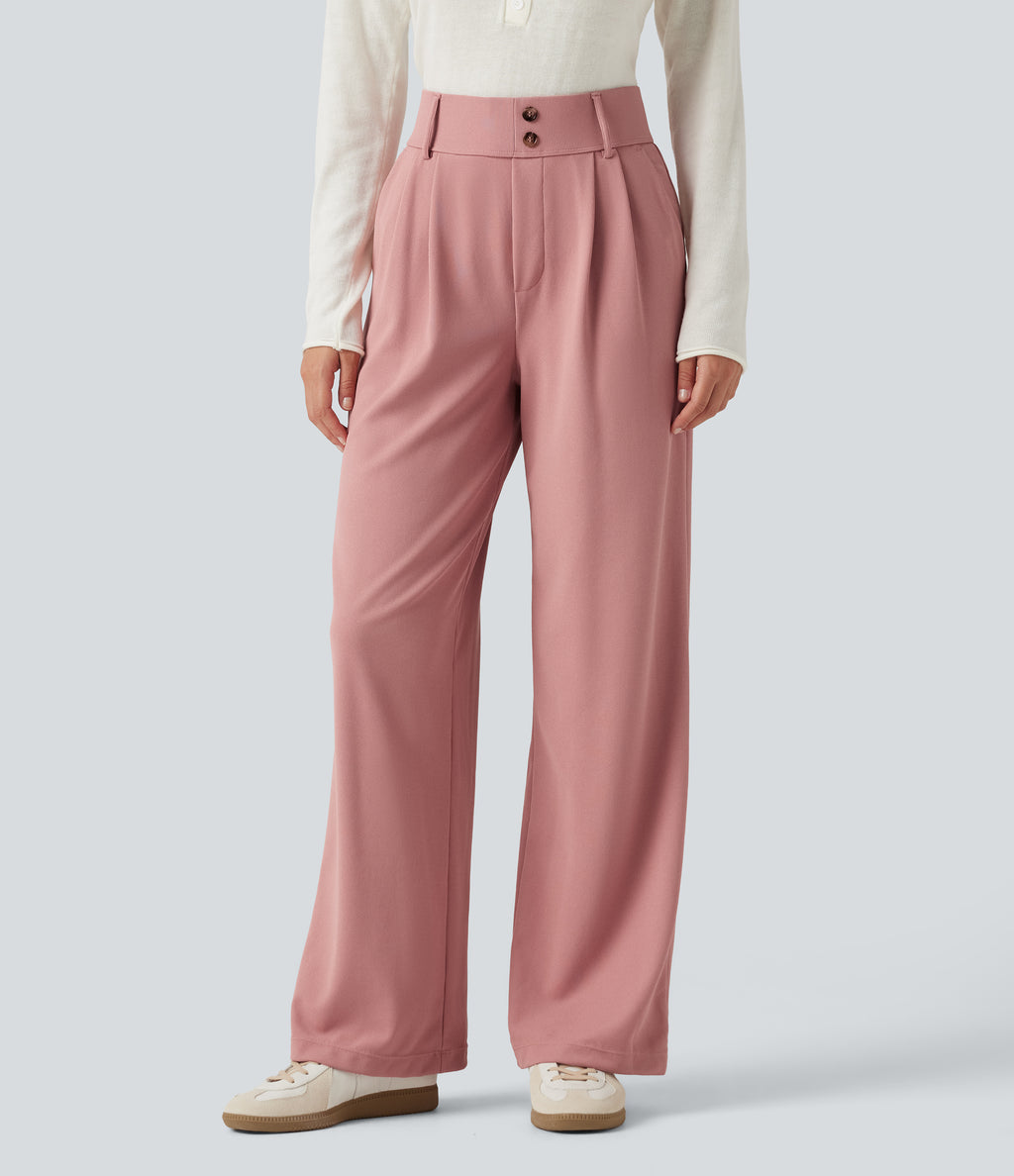 High Waisted Straight Leg Waffle Work Trousers with Pockets — Rose Tan — view 3
