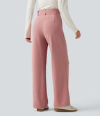 High Waisted Straight Leg Waffle Work Trousers with Pockets — Rose Tan — view 2